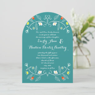 Folksy Forest Mint Teal Orange Floral Wedding Invitation