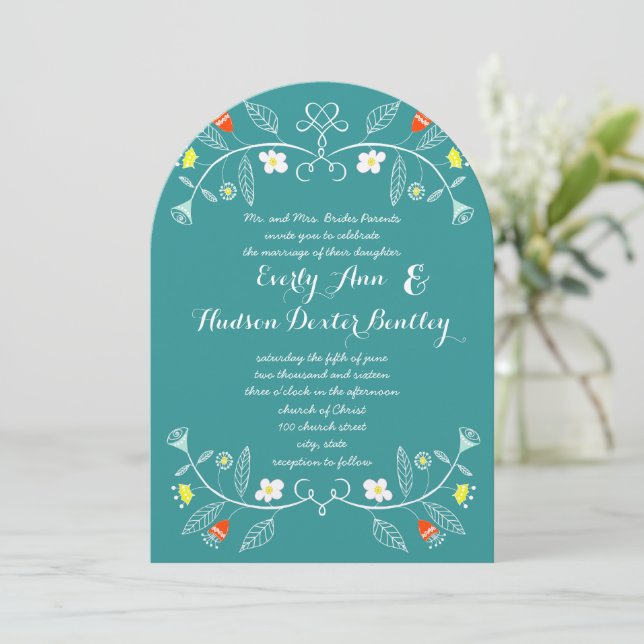 Folksy Forest Mint Teal Orange Floral Wedding Invitation (Standing Front)