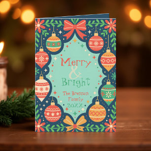 Folksy Retro Ornaments Merry & Bright Holiday Card