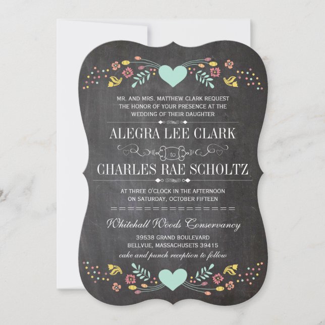 Folksy Rustic Floral Garland Chalkboard Wedding Invitation (Front)