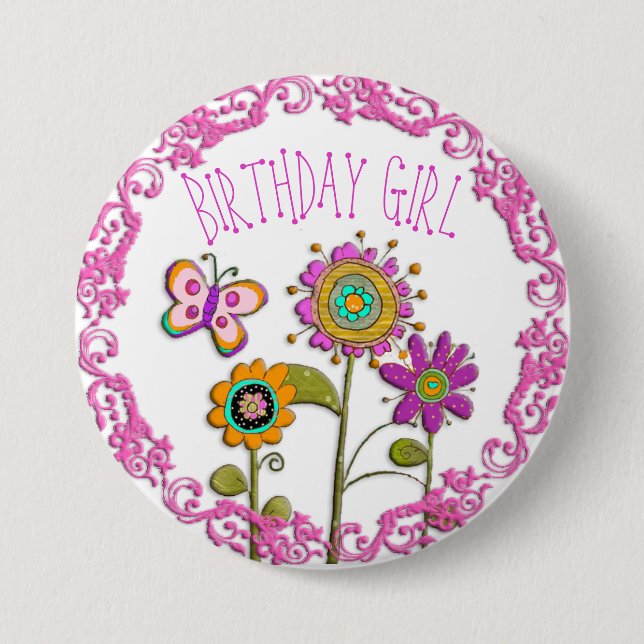 Folksy Whimsical Floral Birthday Girl Button (Front)