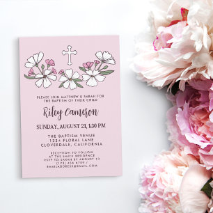 Folksy White Pink Flowers Girl Baptism Invitation
