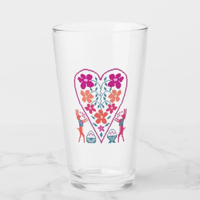 Folky Floral Heart with Rabbits Glass Cup (Front)