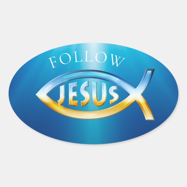 Follow Jesus - Christian Fish Symbol  Sky & Ground Oval Sticker (Front)