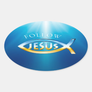 Follow Jesus - Christian Fish Symbol  Sky & Ground Oval Sticker