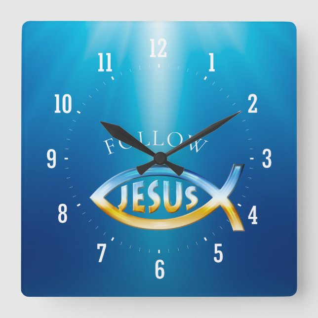 Follow Jesus - Christian Fish Symbol Square Wall Clock (Front)