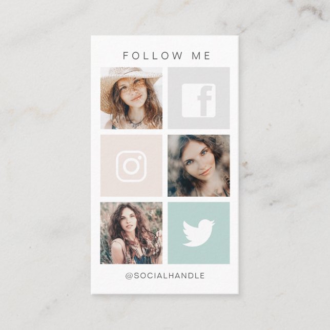 Follow Me Social Media Square Grid Photo Collage Business Card (Front)