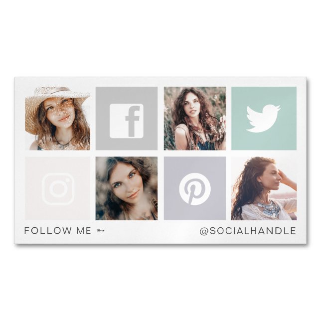 Follow Me Social Media Square Grid Photo Collage Magnetic Business Card (Front)
