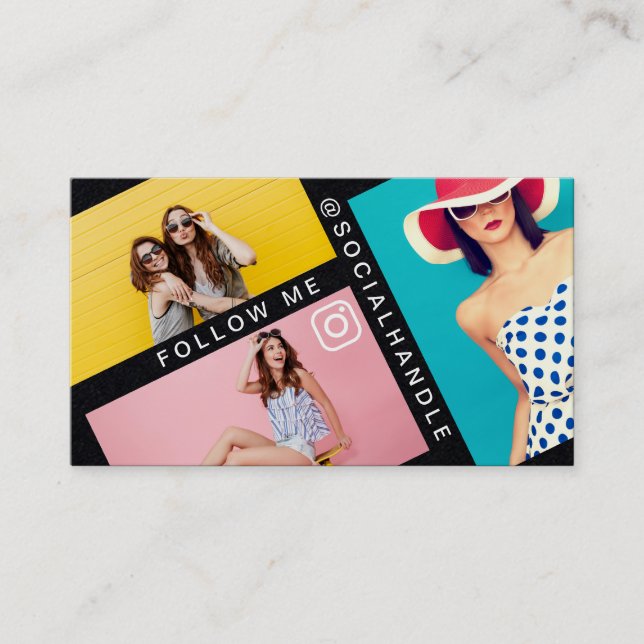 Follow Me Trendy Social Media Photo Layout Black Business Card (Front)