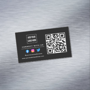 Follow Scan To Connect With Us QR Code Black White Magnetic Business Card