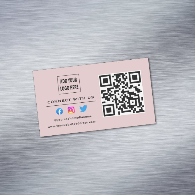Follow Scan To Connect With Us QR Code Blush Pink Magnetic Business Card (In Situ)