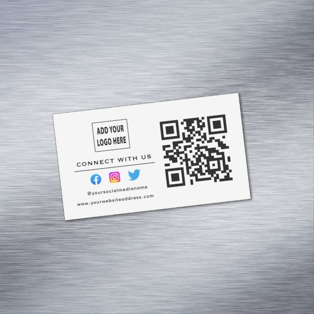Follow Scan To Connect With Us QR Code White Black Magnetic Business Card (In Situ)