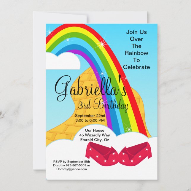 Follow the Rainbow Brick Road Birthday Invite (Front)