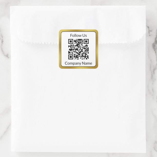 Follow Us Black White Gold Business Name QR Code  Square Sticker (Bag)