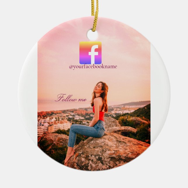 follow us facebook username social media photo  ceramic tree decoration (Front)