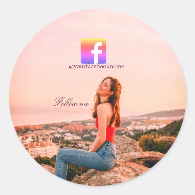 follow us facebook username social media photo  classic round sticker (Front)