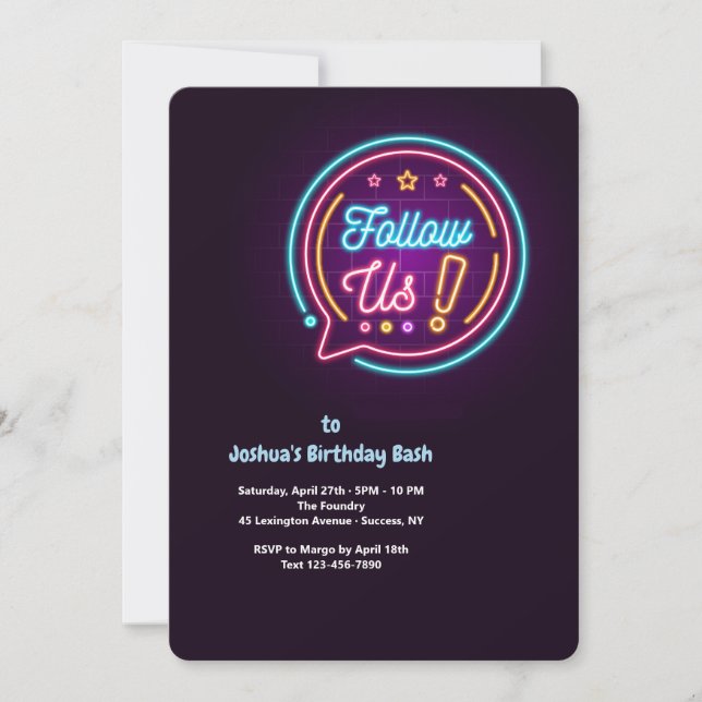 Follow Us Neon Birthday Party Invitation (Front)