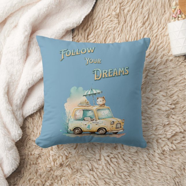 Follow your dreams cute little car watercolor blue cushion (Blanket)