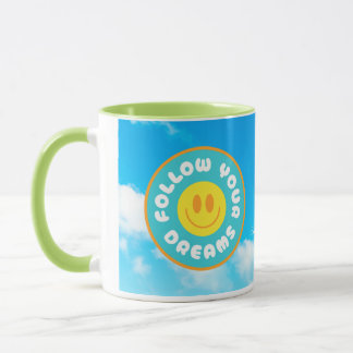 Follow your dreams happy face mug w green handle