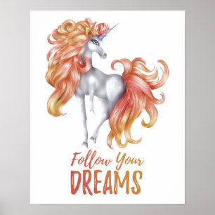 Follow Your Dreams - Orange & White Unicorn Poster