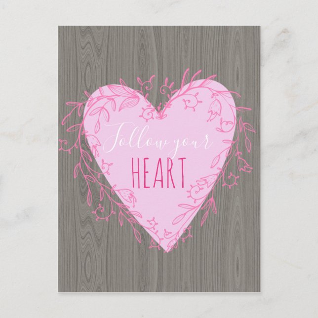 Follow Your Heart Cute Pink Doodle Heart on Wood Postcard (Front)