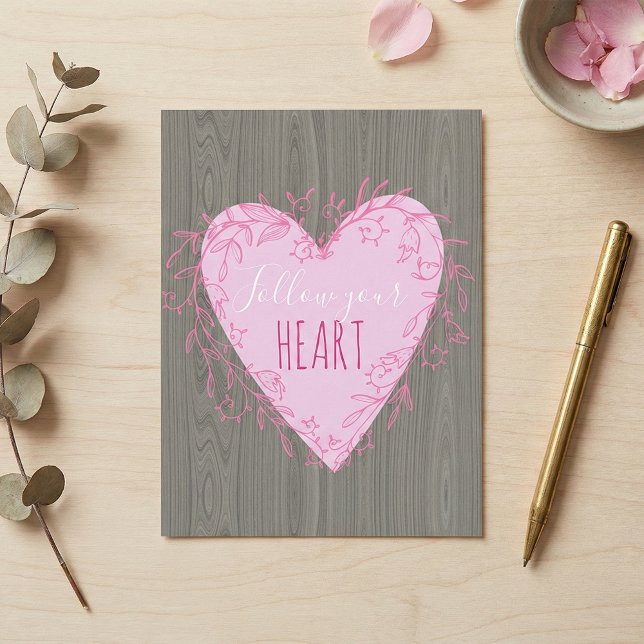 Follow Your Heart Cute Pink Doodle Heart on Wood Postcard (Creator Uploaded)