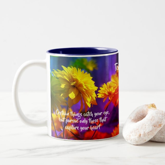 Follow Your Heart Flowers Inspirational Quote Two-Tone Coffee Mug (With Donut)