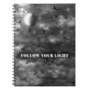 Follow Your Light Celestial Moon and Clouds Spir Notebook