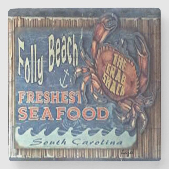Folly Beach, Crab Shack Marble Coaster. Stone Coaster (Front)