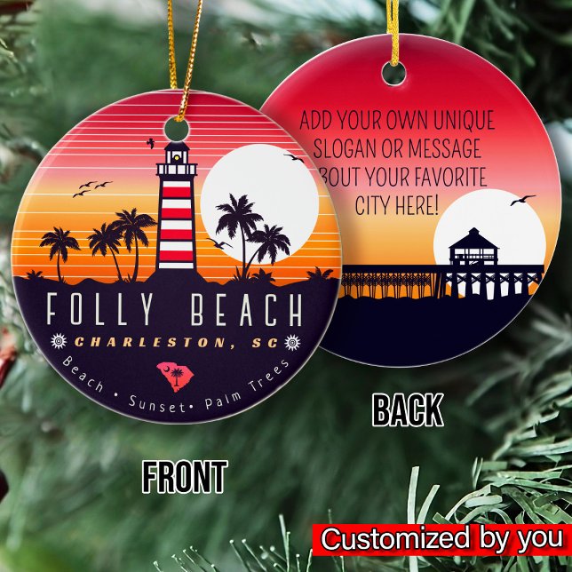 Folly Beach lighthouse SC Retro Sunset Souvenirs Ceramic Tree Decoration (Creator Uploaded)