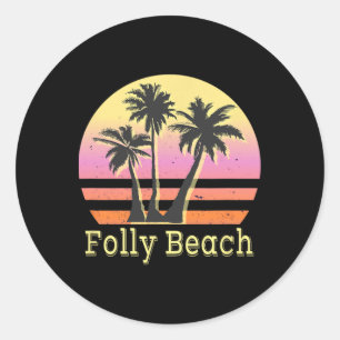 Folly Beach Retro Beach Family Vacation  Classic Round Sticker
