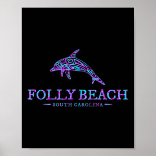 Folly Beach Sc Colourful Dolphin Vacation Souvenir Poster