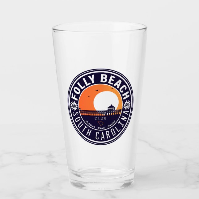 Folly Beach SC Souvenirs Retro Sunset Pier 60s Glass (Front)