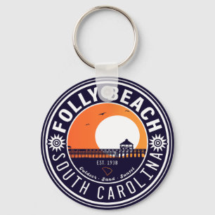 Folly Beach SC Souvenirs Retro Sunset Pier 60s Key Ring
