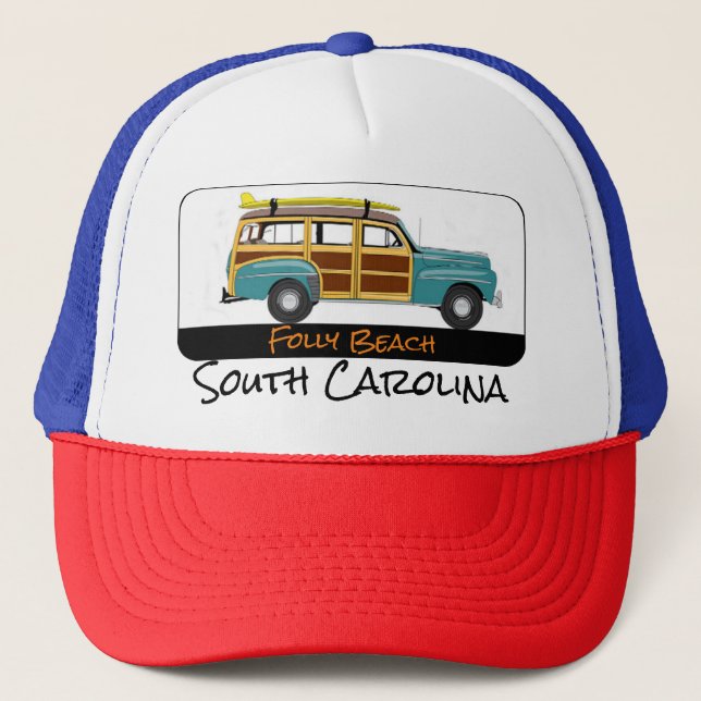 Folly Beach, South Carolina Surf Woody Trucker Hat (Front)