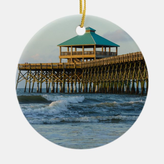 Folly Pier Morning Ceramic Tree Decoration (Front)