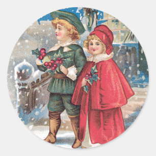 Fond Christmas Greeting Vintage Card Classic Round Sticker