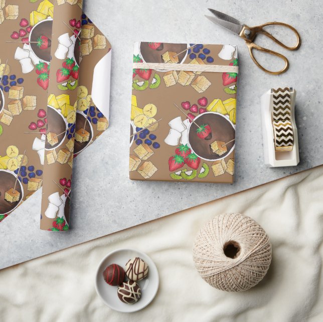 Fondue Fruit Cake Berries Marshmallow Dessert Food Wrapping Paper (Crafts)
