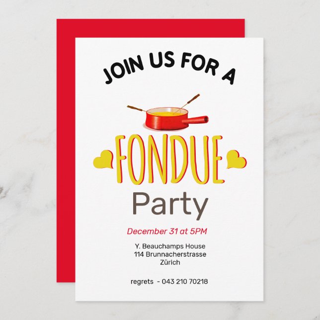 Fondue hearts and pot invitation (Front/Back)