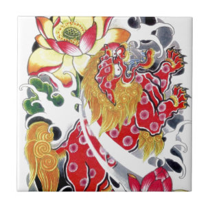 Foo Dog & Lotus Tattoo Design Tile