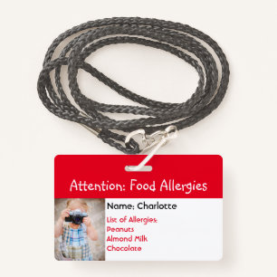 Food Allergy Alert Custom photo badge ID Badge