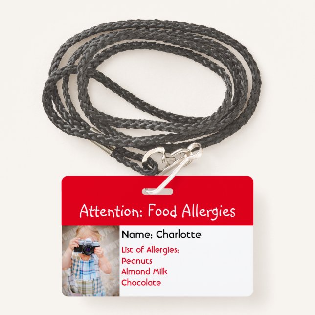 Food Allergy Alert Custom photo badge ID Badge (Front with Lanyard)