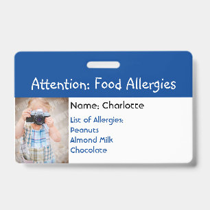 Food Allergy Alert Custom photo badge ID Badge