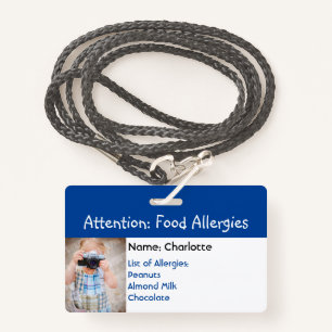 Food Allergy Alert Custom photo badge ID Badge
