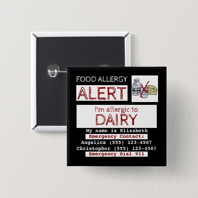 Food Allergy Alert Easy Edit Red White Black 15 Cm Square Badge (Front & Back)