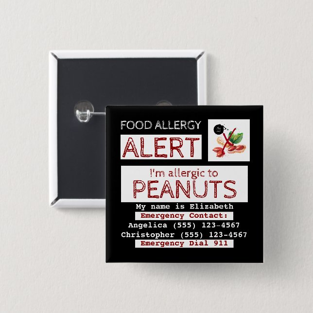 Food Allergy Alert Easy Edit Square Label 15 Cm Square Badge (Front & Back)