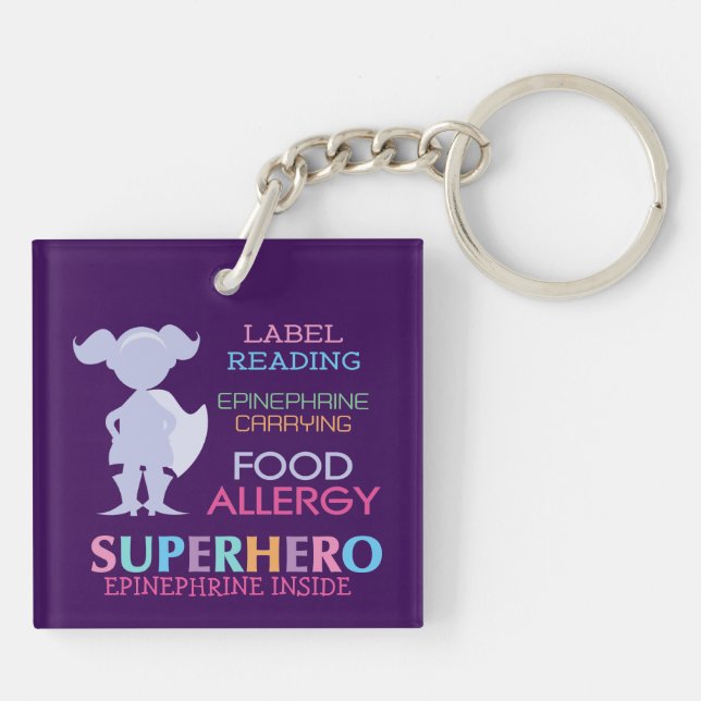 Food Allergy Alert Girl Superhero Kids Custom Key Ring (Back)
