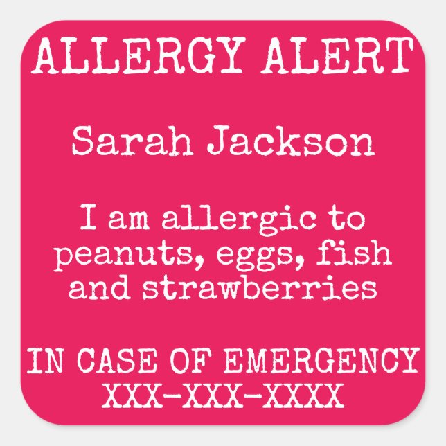 Food Allergy Alert In Case of Emergency Contact Square Sticker (Front)