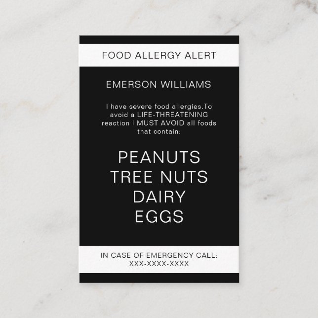 Food Allergy Alert Personalised Chef Card (Front)