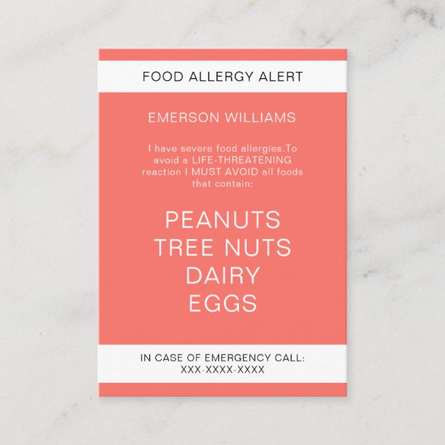 Food Allergy Alert Personalised Chef Card (Front)